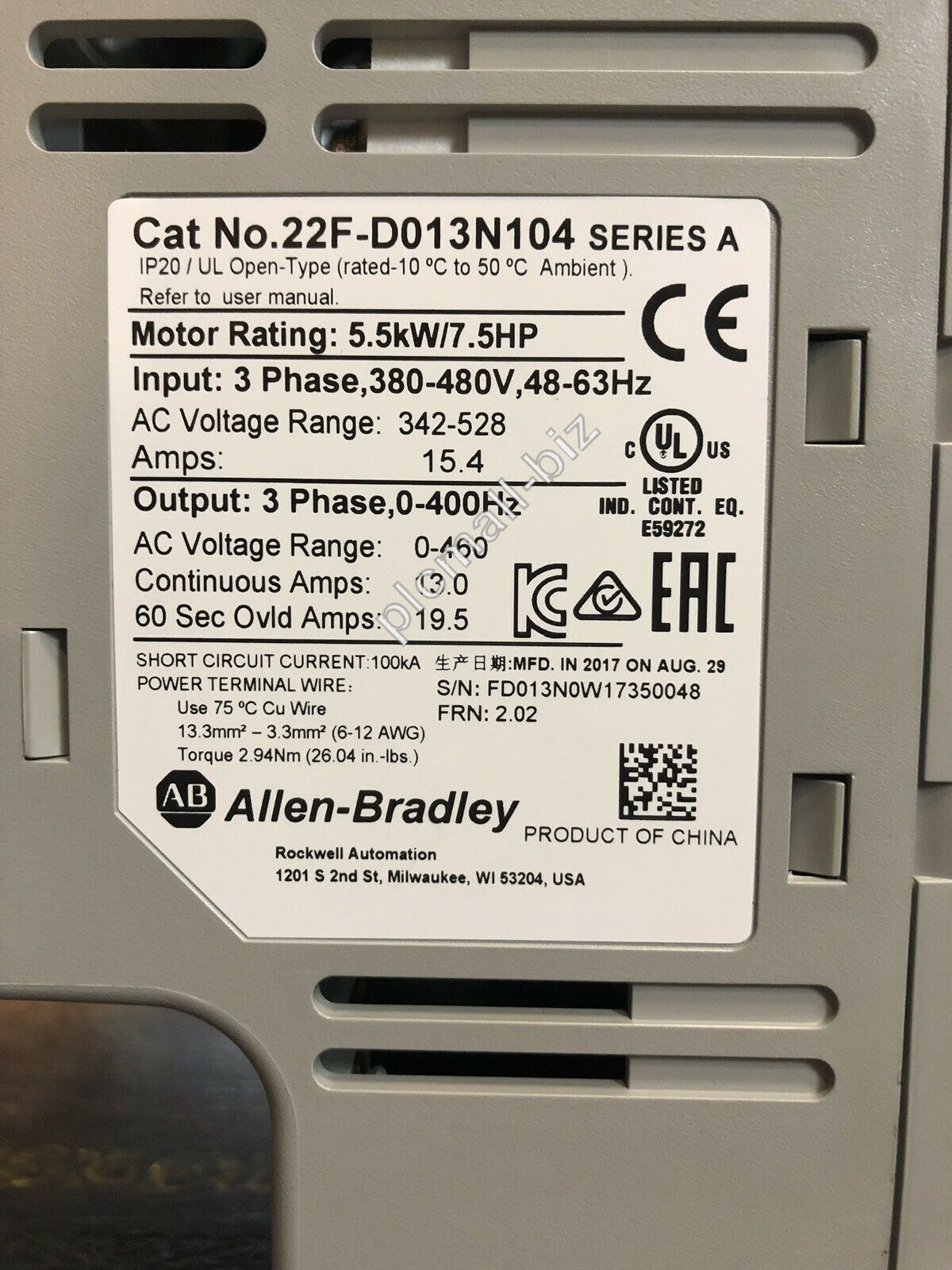 22F-D013N104 Allen Bradley PowerFlex 4M- 5.5 kW (7.5 HP) AC Drive Brand new Fast shipping