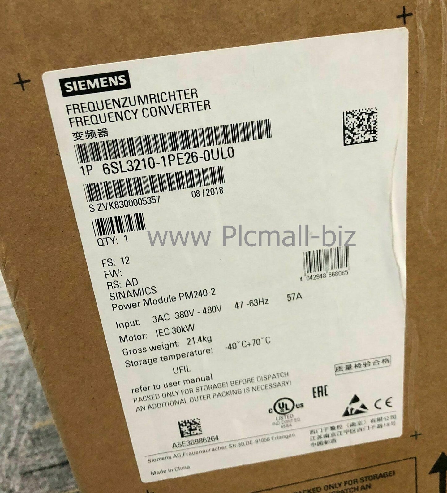 6SL3210-1PE26-0UL0 Siemens Inverter Brand New