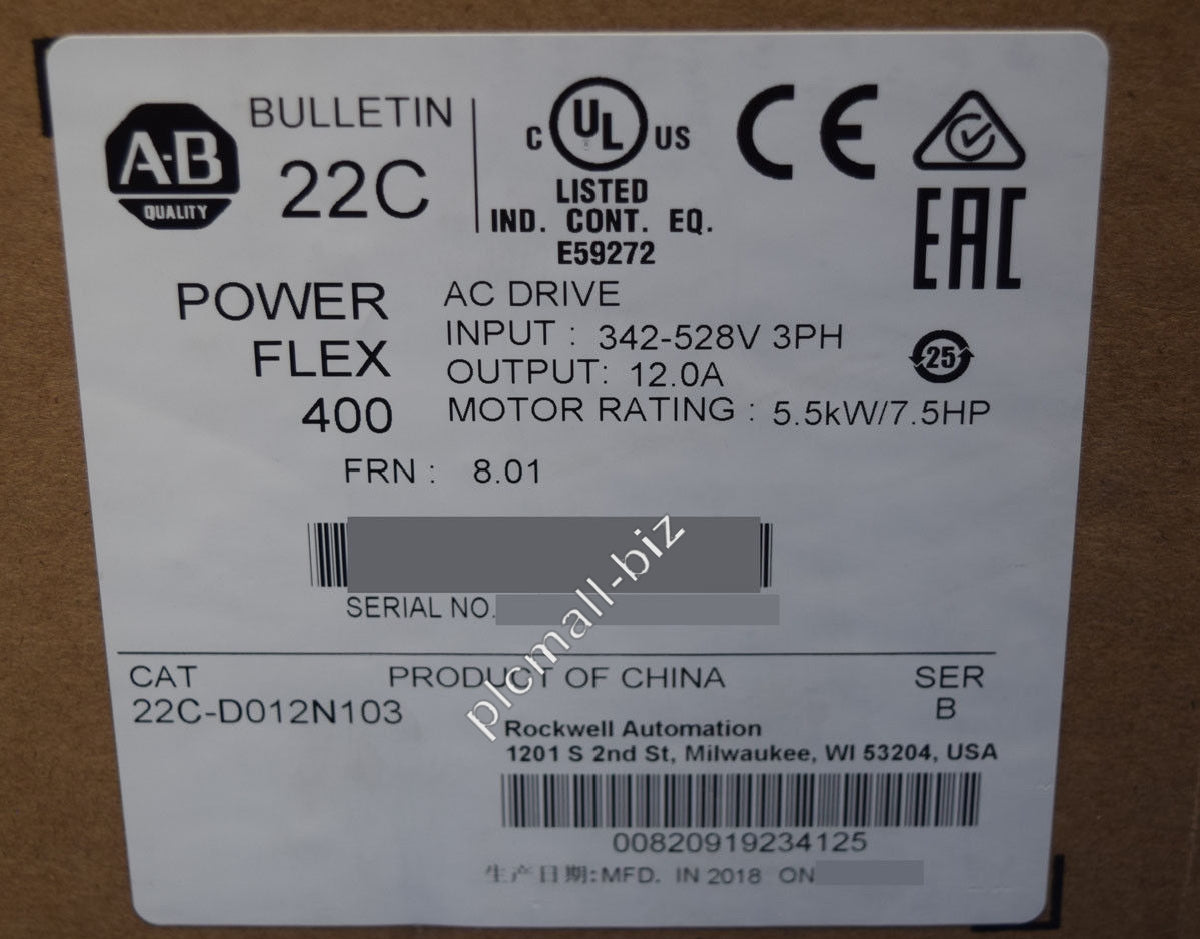 22C-D012N103 Allen Bradley PowerFlex 400- 5.5 kW (7.5 HP) AC Drive Brand new Fast shipping