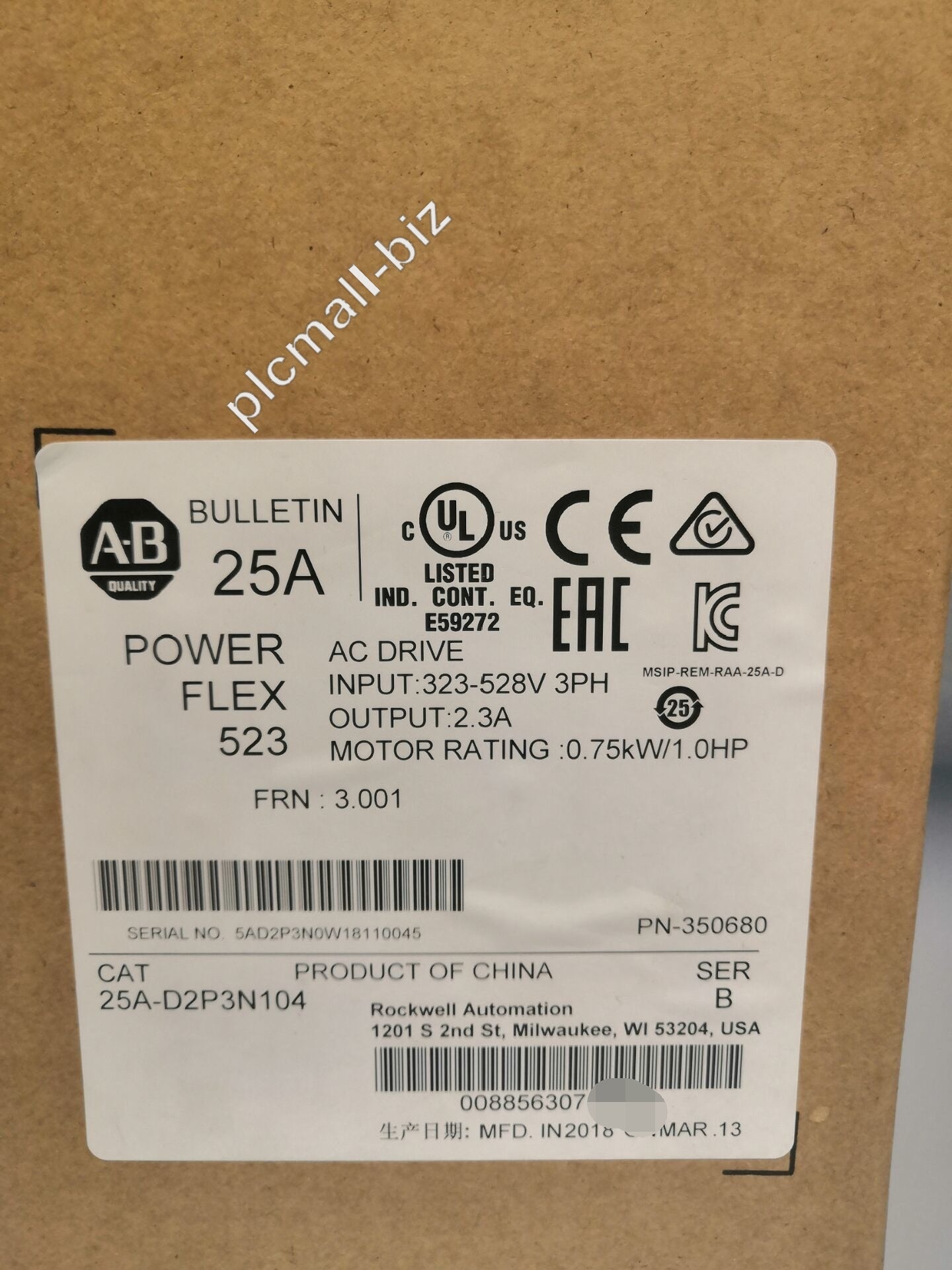 25A-D2P3N104 Allen Bradley PowerFlex 523 0.75kW (1Hp) AC Drive Brand new Fast shipping